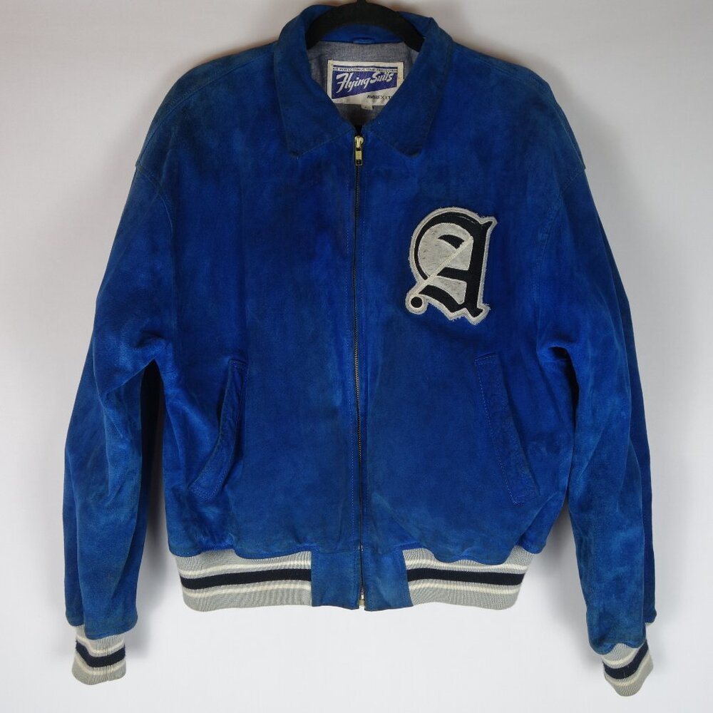Vtg Avirex LTD Flying Suits Leather Suede Embroidered Patch Varsity Jacket, Sz L